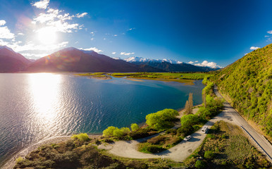 Aerial drone view, north side of Lake Wanaka at Makarora, South Island, New Zealand