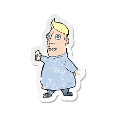 retro distressed sticker of a cartoon nervous man with tickets