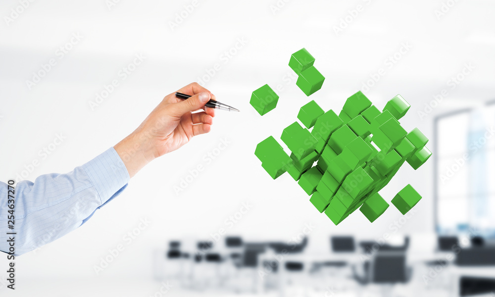 Fototapete integrating new technologies concept with cube figure floating in air. mixed media