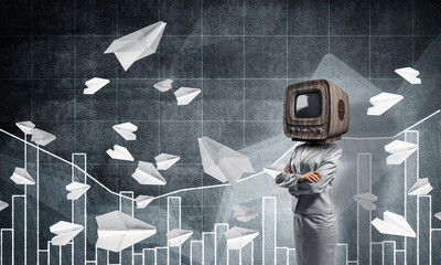 Business woman with old TV instead of head.