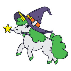 Halloween unicorn with magic wand, witch hat and green mane.