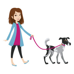 Girl walking with a dog on a leash.