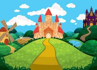 Fototapeta na wymiar Beautiful background with castles, pond, mill and fields.