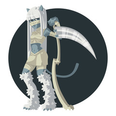 Girl mummy cat with a scythe.