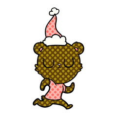 peaceful comic book style illustration of a bear running wearing santa hat