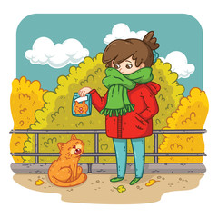 A young woman is planning to feed a stray cat.