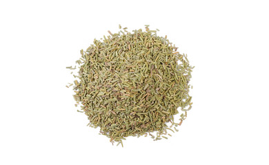 rosemary leaves heap isolated on white background. top view