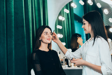 Client's personal stylist applying cosmetics on face in beauty studio