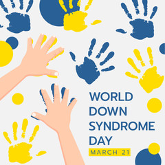 World down syndrom day banner with child hand doing yellow and blue hand paint abstract background  vector design © ananaline