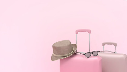 Luggage bag ,Flat lay Pink suitcase with sunglasses and Hat on pastel Pink background,Summer- holidays  vacation  travel concept - 3d rendering
