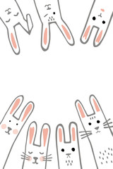 Happy Easter banner frame with funny bunny faces. Rabbits border or greeting card. Vector