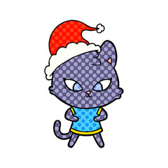 cute comic book style illustration of a cat wearing santa hat