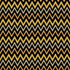 Golden and silver glittering zigzag pattern on black background. Gold Seamless pattern. Repeatable geometric design. Can be used for fabric, wallpaper, web, greeting card, scrap booking, vector