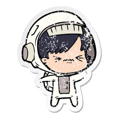 distressed sticker of a cartoon astronaut woman