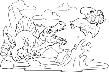 cartoon cute prehistoric dinosaurs, coloring book, funny illustration
