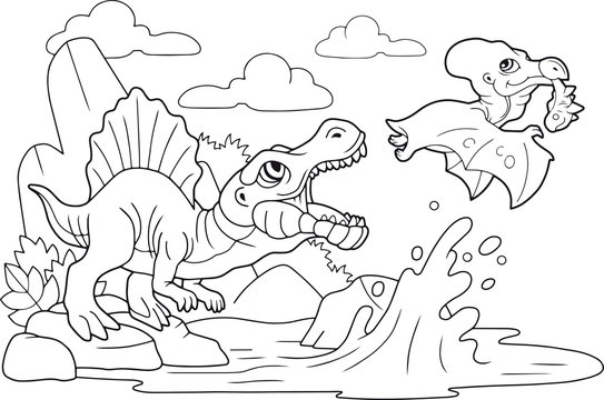 cartoon cute prehistoric dinosaurs, coloring book, funny illustration