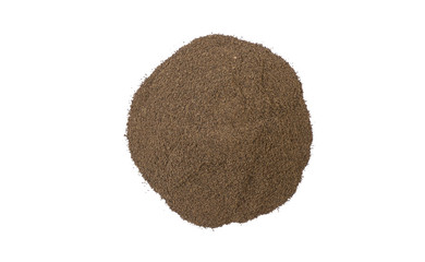 milled or ground black pepper heap isolated on white background. top view