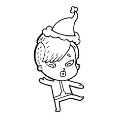 line drawing of a surprised girl in science fiction clothes wearing santa hat