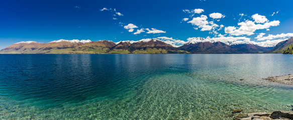 Aerial drone view, north side of Lake Wanaka at Makarora, South Island, New Zealand