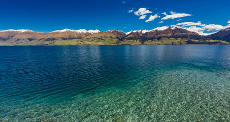 Aerial drone view, north side of Lake Wanaka at Makarora, South Island, New Zealand