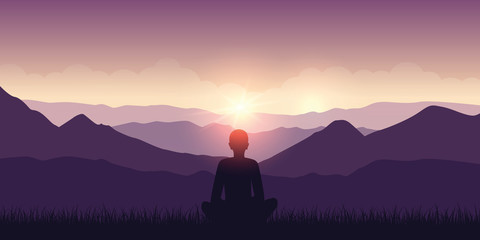 person enjoys the mountain view purple landscape with sunshine vector illustration EPS10