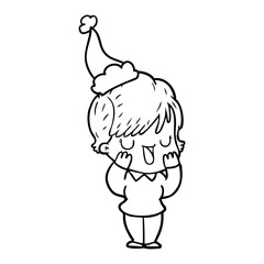 line drawing of a woman talking wearing santa hat