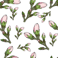Floral background of pink buds. Light spring texture. Seamless vector background for fabrics and tiles.