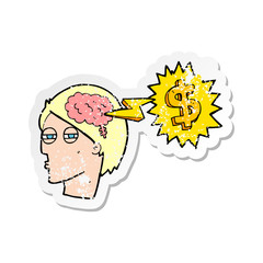 retro distressed sticker of a thinking of ways to make money cartoon