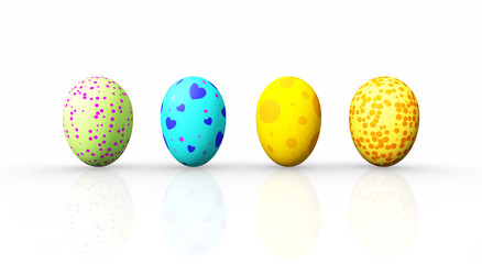Front view four colorful easter eggs on white background,3D rendering