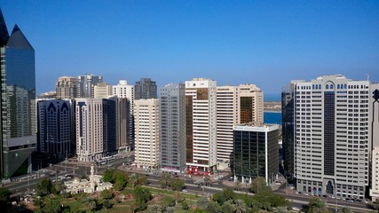 View of Capital Garden and the surrounding skyscrapers in downtown Abu Dhabi.  Also known as Al Asema Park, it is one of the oldest parks in the capital. United Arab Emirates