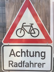 German Bicycle warning sign: Achtung Radfahrer, English: Pay Attention to the cyclists