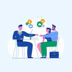 The concept of personal loans, credit department. A family couple shakes hands with an agent. Illustration of credit approval or conclusion of the contract. Vector flat illustration.