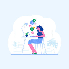 The flat design concept of online shopping. A girl sits at a laptop and makes purchases in the online store. E-shop, shopping concept with characters. Vector illustration in modern style.