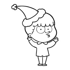 line drawing of a curious boy wearing santa hat