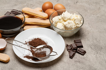 Ingredients for cooking tiramisu - Savoiardi biscuit cookies, mascarpone, cream, sugar, cocoa, coffee and egg