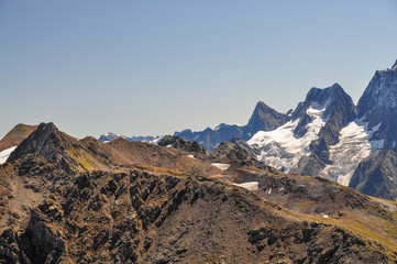 Fototapeta premium Closeup mountains scenes in national park Dombai, Caucasus, Russia
