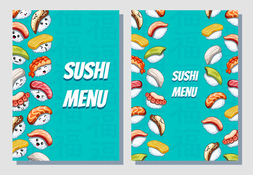 Business card. Japanese food poster design. Can be use sushi menu for bar and restaurant. Icons with tuna, salmon, eel, avocado, omelette, octopus, shrimp.