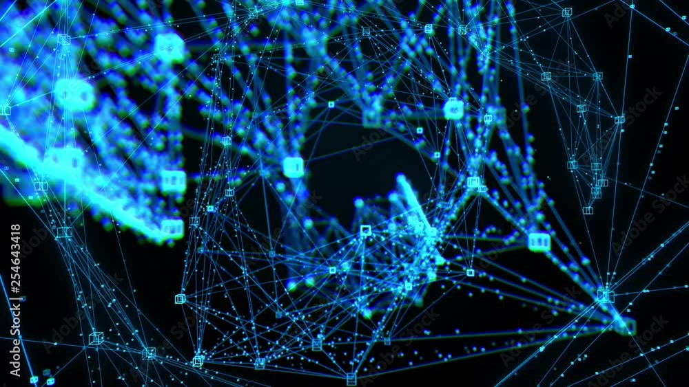 Poster 3d render plexus technology background. loopable camera movement through the constructing complex ne