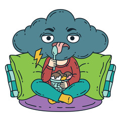 Frustrated, bad mood person eat ice cream.