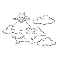 A whale with wings in the sky with hearts.