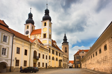 Jesus church in old european city Telc, Czech republic. Europe architecture. Medieval architecture. Cathedral.