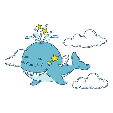 A whale with wings in the sky with stars.
