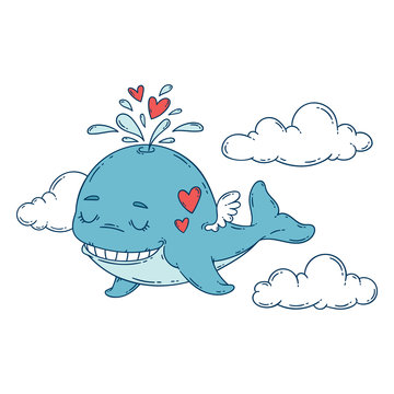 A whale with wings in the sky with hearts.