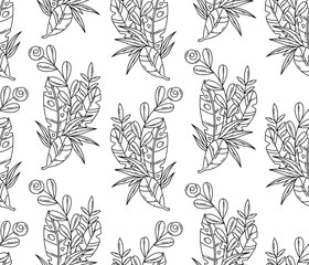 Vector balck and white seamless pattern of tropical leaves and flower.