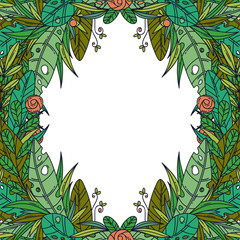 Beautiful greeting card with floral cartoon frame.