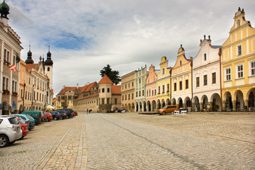 Naklejka na ściany i meble Main square in beautiful medieval city of Telc, Czech republic. Medieval architecture.