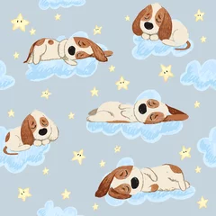 Behang Slapende dieren Welterusten naadloos patroon met schattige slapende puppy& 39 s, maan, sterren en wolken. Zoete dromen achtergrond. Kinderachtig mooie doodle hand getekende vectorillustratie.