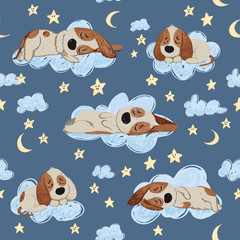 Good night seamless pattern with cute sleeping puppies, moon, stars and clouds. Sweet dreams background. Childish lovely doodle hand drawn vector illustration.