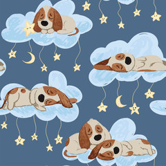 Good night seamless pattern with cute sleeping puppies, moon, stars and clouds. Sweet dreams background. Childish lovely doodle hand drawn vector illustration.