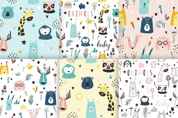 Safari baby animals seamless funny patterns collection.